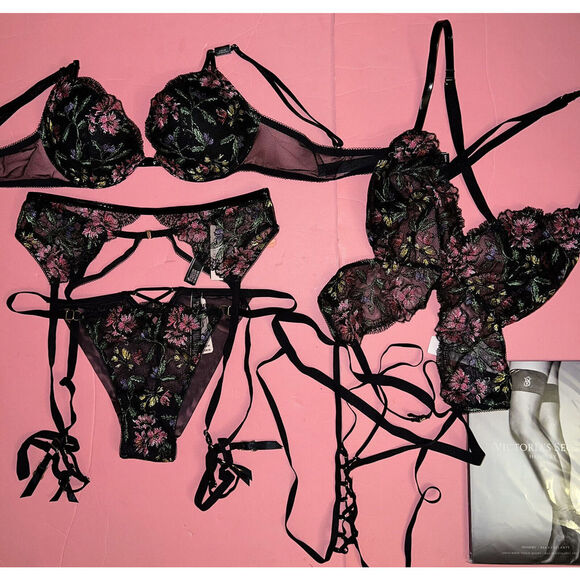 Victoria's Secret 36B,36D,36DD BRA SET+GARTER+L TEDDY BLACK Floral embroidered